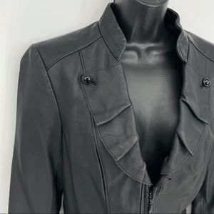 White | Black Ruffled Leather Jacket V-Neck Cut Black Genuine Leather Lined Coat